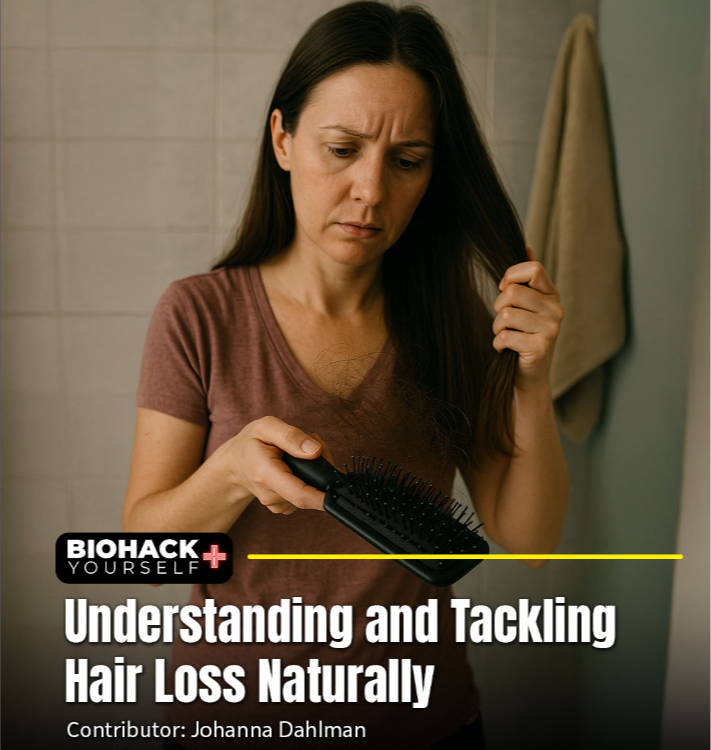 Woman examining hair loss in a natural hair care context.